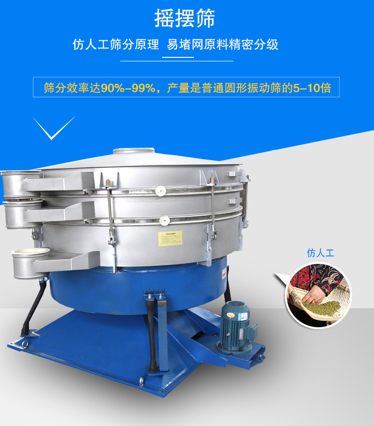 搖擺篩適合精細(xì)和超細(xì)范圍的粉末和微粒狀物料，產(chǎn)量大、精度高