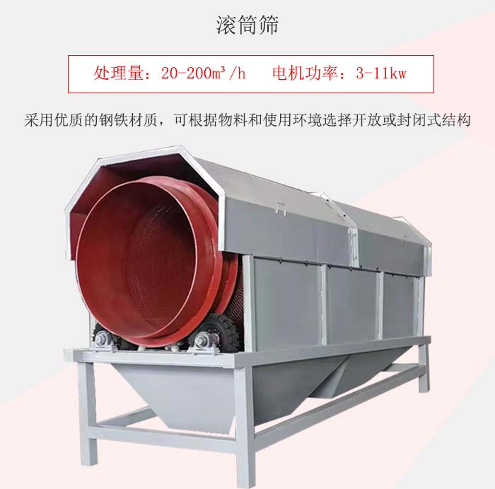 滾筒篩采用優(yōu)質(zhì)的鋼鐵材質(zhì)，可根據(jù)物料和使用環(huán)境選擇開放或封閉式結(jié)構(gòu)